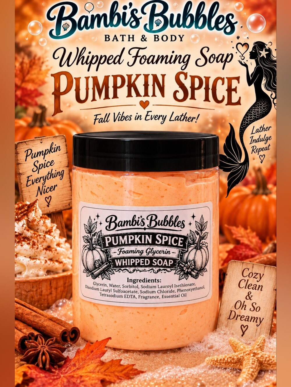 Made To Order!  Hand Crafted Pumpkin Spice Whipped Foaming Soap 8oz